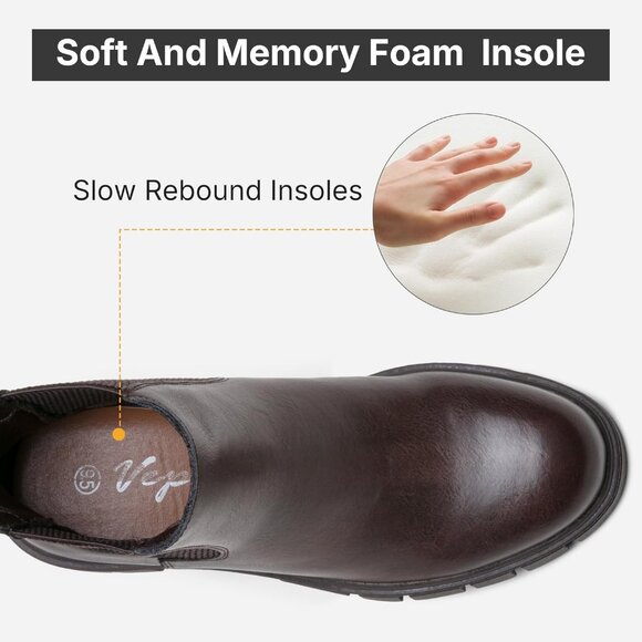 Vepose Women's Brown Faux Chelsea Leather Lug Sole Elastic Slip on Ankle Booties - Picture 4 of 9